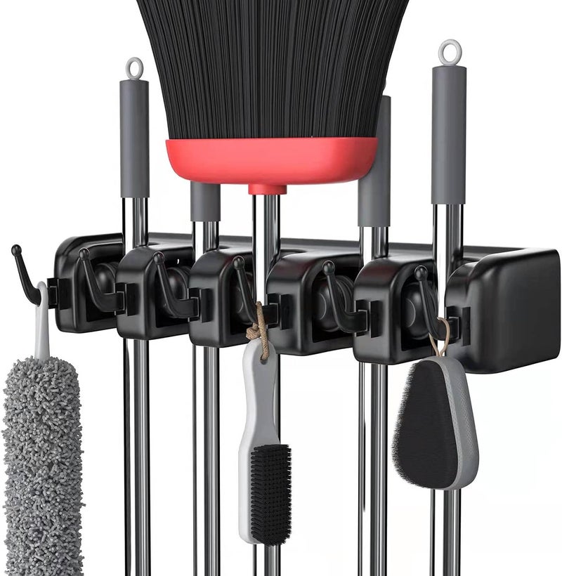 LETMY Broom Holder Wall Mount - Mop and Broom Hanger Holder - Garage Storage Rack & Garden Tool Organizer - 5 Position 6 Hooks Broom Rack for Home, kitchen, Garden, Tools, Garage Organization - Black - Image 1